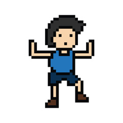 Fototapeta premium Cute cartoon pixel character cute man exercises training aerobic dance lifestyle music decoration life style 8 bit male boy dance with music game 8bit fitness isolated PNG vector.