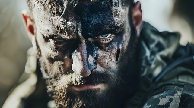 Rugged man in camouflage and face paint, with a steely look of determination, embodying the spirit of adventure
