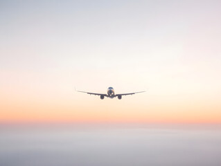 Airplane in flight above clouds at sunset with clear sky horizon : Generative AI
