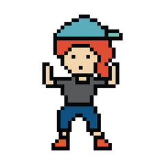 Fototapeta premium Cartoon pixel character cute woman exercises training dance lifestyle music decoration life style 8 bit female girl dance with music game 8bit fitness isolated PNG vector.