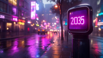 Futuristic urban countdown clock at night in 2035 neon lights and reflections in the street. Generative AI