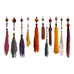 Fototapeta premium illustration of colorful hanging tassels isolated on transparent PNG.