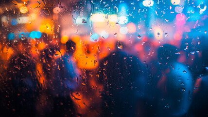 Raindrops on a glass window of a busy bar with colorful lights.