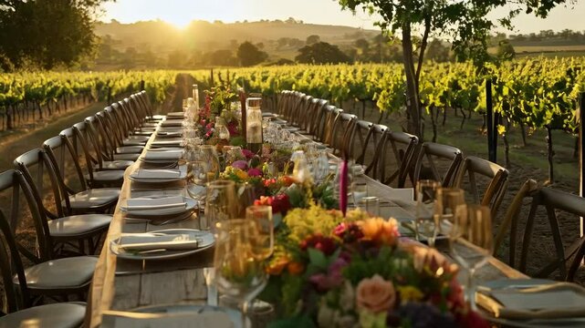 Sunset vineyard dinner: elegant outdoor table setting in serene natural landscape