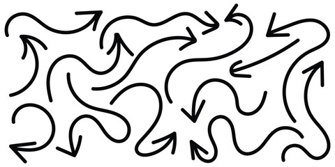 Collection of curved arrows. Set simple curved hand drawn arrows. Black set of doodle arrows pointers. Vector illustrator