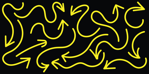 Set of simple of hand drawn black arrows. Various of simple lines arrows collection. yellow drawn arrows brush stroke curly arrow vector illustrator.