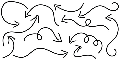 Collection of curved arrows. Set simple curved hand drawn arrows. Black set of doodle arrows pointers. Vector illustrator