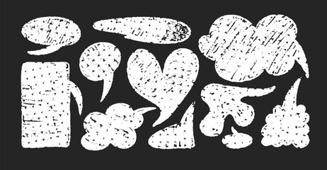 Chalk speech bubble set. Crayon dialogue cloud frame by pencil. Talk cute charcoal box. Doodle vector illustration on black background