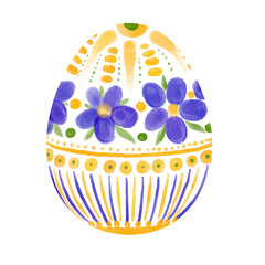 Watercolor Easter egg with botanical decoration isolated on transparent background. Painted white Easter egg with ornament with plant, flowers, leaves