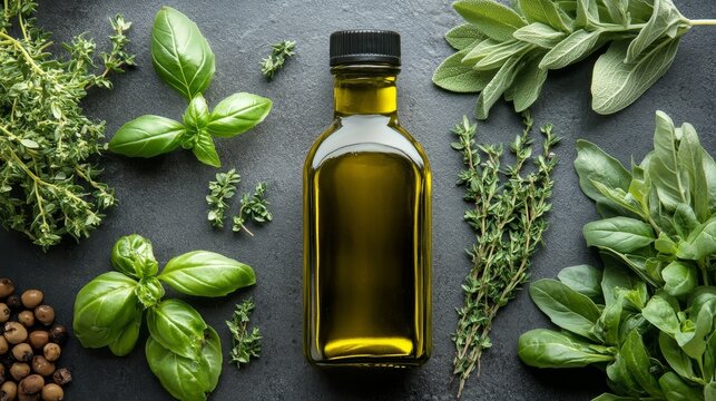 Herbal oil surrounded by fresh herbs on a dark wooden surface highlighting natural ingredients