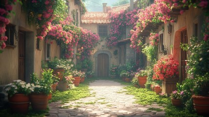 Fototapeta premium Flower-draped alleyway, Italian village, morning sun, peaceful scene, travel poster