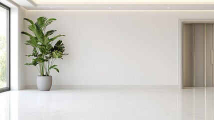Modern empty room, marble floor, large plant, door, natural light, interior design, home staging