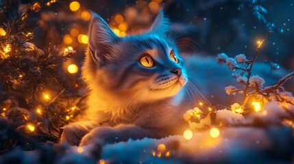 Frozen Serenity: A Hand-Carved Wooden Cat Amidst a Snowy Garden. Generative AI