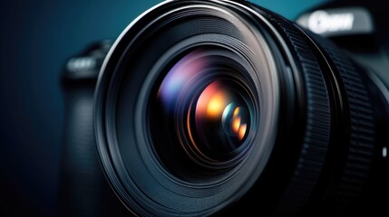 A blurred camera lens in close-up view, emphasizing the depth of field and optical quality.