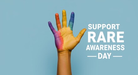 Hand painted with vibrant rainbow color supporting rare disease awareness on pastel blue background for global health campaign and event promotion