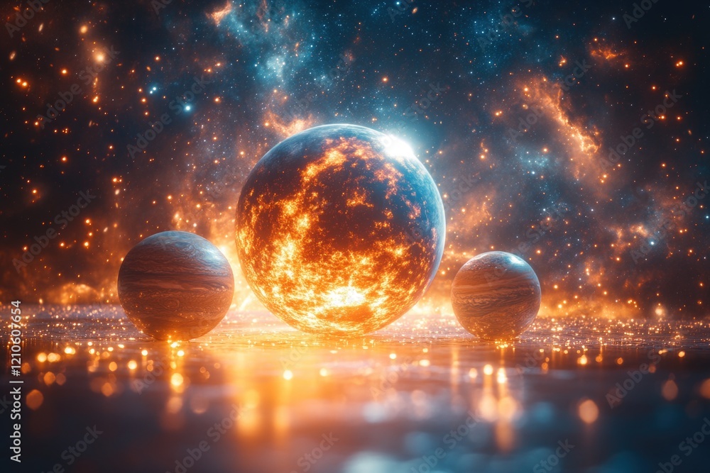 Poster a group of planets floating in space, with stars and galaxies in the background
