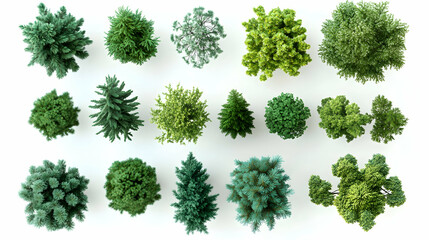 Set of pine tree top view 3D illustrations for architecture and landscape plans.illustration