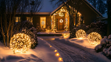 Setting up outdoor Christmas lights on a snowy front yard, with glowing decorations and a warm, festive ambiance