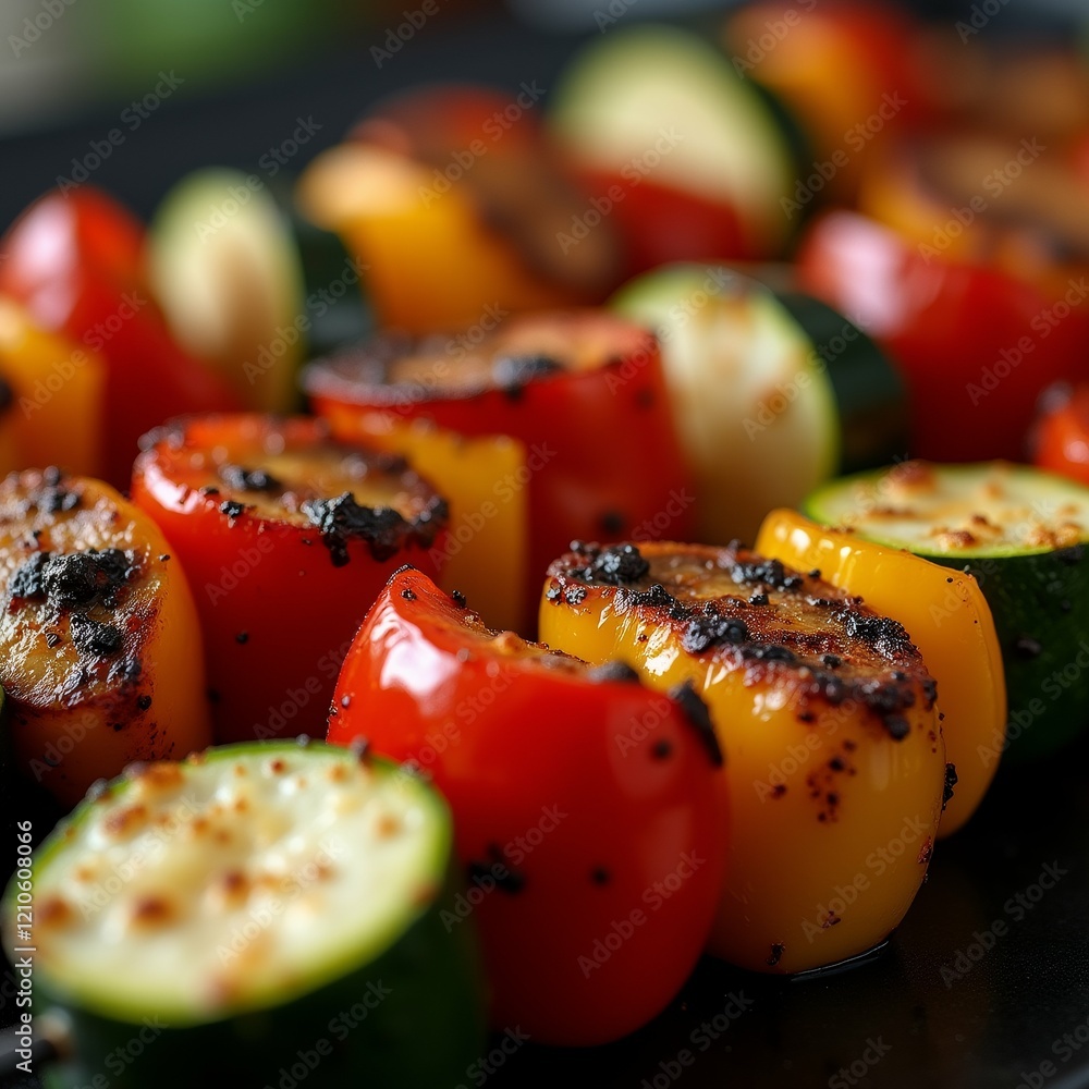 Poster the image shows a close-up of a group of grilled vegetables on skewers. the vegetables appear to be 