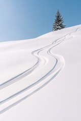 top-down view of artistic snowboard tracks crisscrossing untouched snowy hillside with single tree shadow