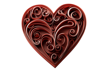 Red heart with detailed swirling patterns, crafted in an intricate style, isolated on white transparent background, symbolizing love on Valentine Day