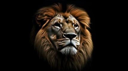 Fototapeta premium Majestic lion portrait against a black background. (1)