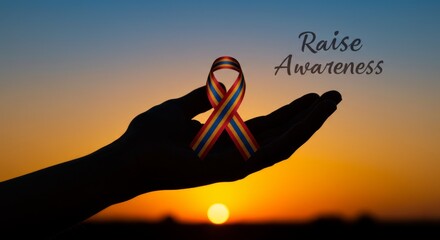 Sunset silhouette with rainbow ribbon symbolizing rare disease awareness and advocacy for global health and support