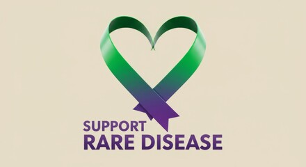 Support rare disease design with intertwined ribbon heart in green and purple gradient for advocacy and outreach