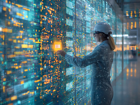 A female engineer interacts with a futuristic, datarich digital interface.