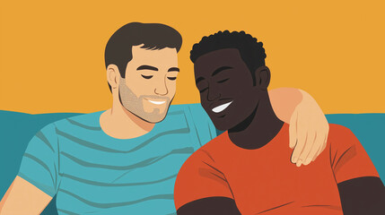 flat illustration, interracial gay couple, sitting on sofa close together, caucasian and black man. Couple with different ethnic background. Lgtbq+,  equal rights for everybody. Tolerance theme. Diver