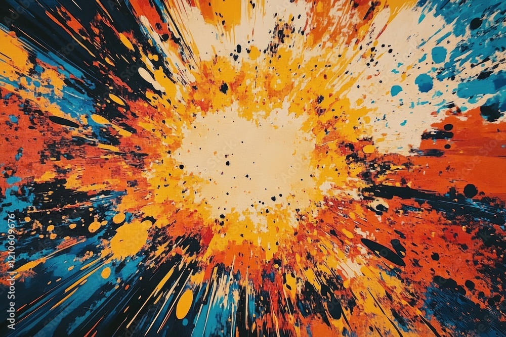 Poster abstract art with vivid colors and dynamic splashes representing energy, creativity and emotion.