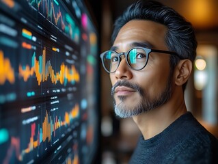 Focused man analyzing data on screen.