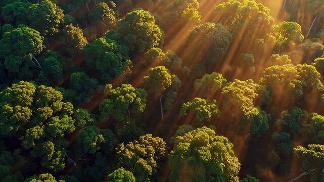 Beautiful magical sunrise in the forest. The sun's rays break through the trees in the fog. The mystical nature of the rainforest