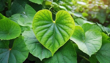 Obraz premium Heart of Nature: A Stunning Close-Up of a Heart-Shaped Leaf Surrounded by Lush Greenery, Symbolizing Love and Life