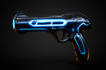 Good weapons for games. Futuristic black gun with blue accents against dark background