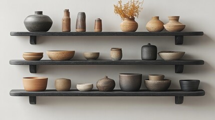 Beautiful collection of handmade pottery displayed on wooden shelves in a minimalist setting