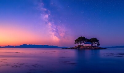 A tranquil island house ensconced amidst tree cover, glowing at night against an awe-inspiring night sky, where the Milky Way can be seen