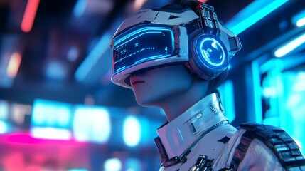 Futuristic sci-fi character wearing a VR headset, blue neon glow, sleek cyberpunk aesthetic, advanced technology theme, immersive and futuristic visual, sharp detail