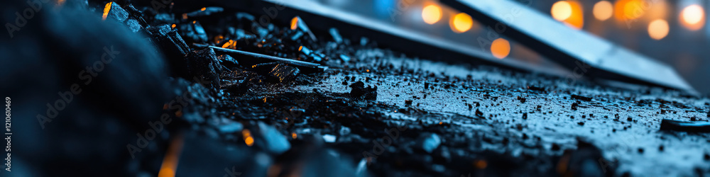 Poster close-up of dark fragmented material with embers and metallic object