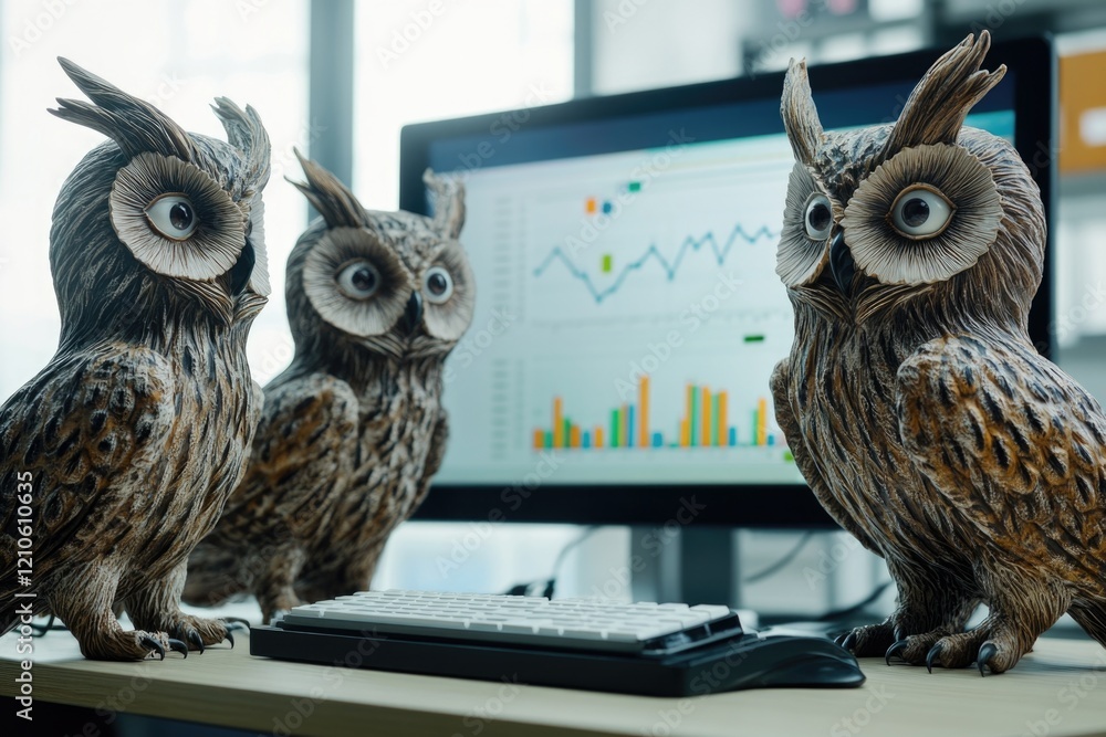 Poster image of three owls perched on a desk next to a computer, great for use in educational or whimsical 