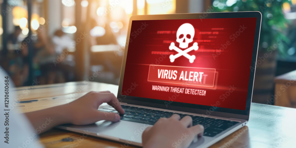 Poster virus warning alert on computer screen detected brisk cyber threat , hacker, computer virus and malw