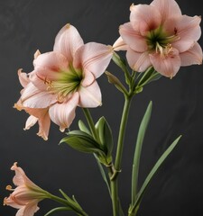 Fototapeta premium Amaryllis Hipperastrum johnsonii flowers on a branch, large white flowers, blooming flowers on branch, hipperastrum johnsonii
