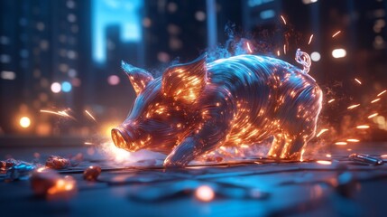Sleek metallic pig statue with LED lights in urban celebration theme. Generative AI