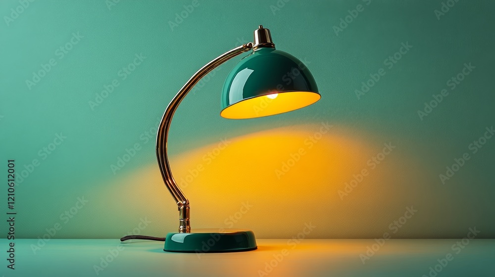 Poster elegant green desk lamp illuminating workspace with soft warm light in minimalist setting