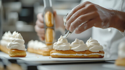 Storytelling shot of a pastry chef carefully piping cream onto ?(C)clairs in preparation for a dessert competition