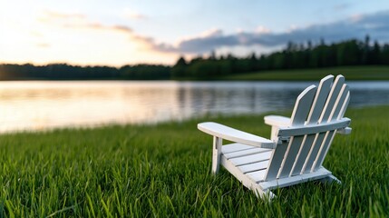 Lakeside sunset view, white Adirondack chair on grass. Relaxation, peace