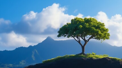 Obraz premium Solitary Tree on Mountain Peak - A single tree stands on a small hilltop against a backdrop of majestic mountains under a bright blue sky.