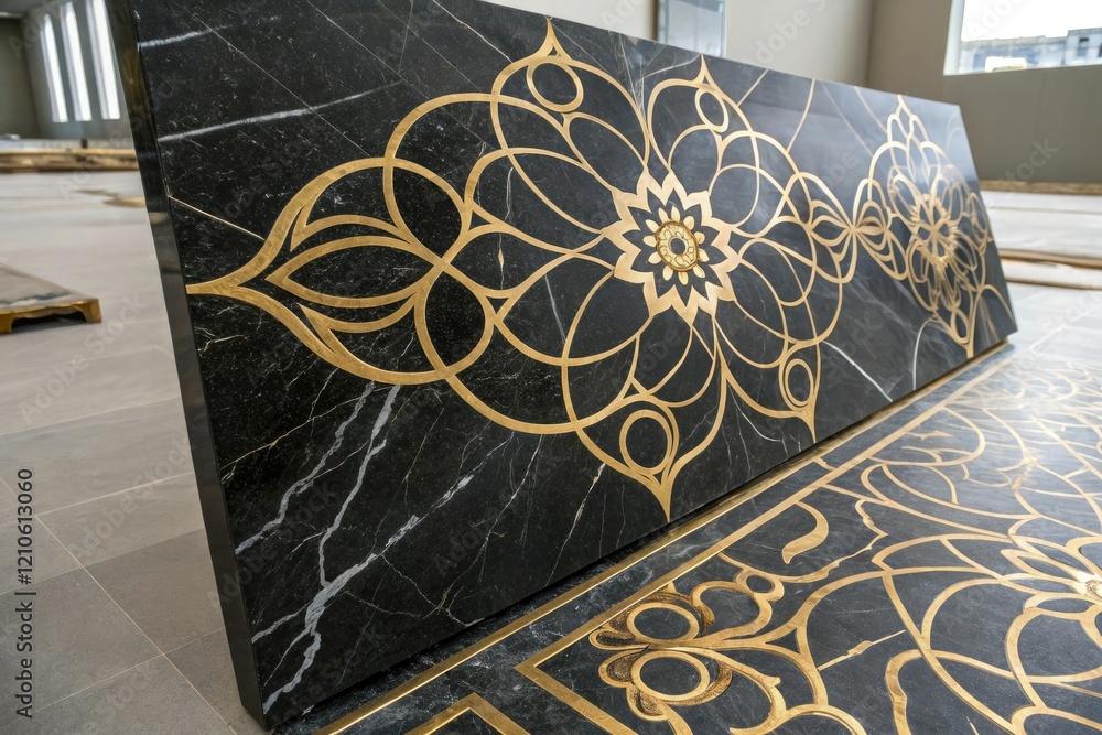 Aufkleber a stunning black marble with golden inlays that create a intricate and complex pattern adding depth 