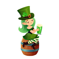 A delightful illustration of a whimsical leprechaun girl sitting atop a wooden barrel, holding a frothy glass of green beer. She is adorned in a festive green outfit with a clover-decorated top hat