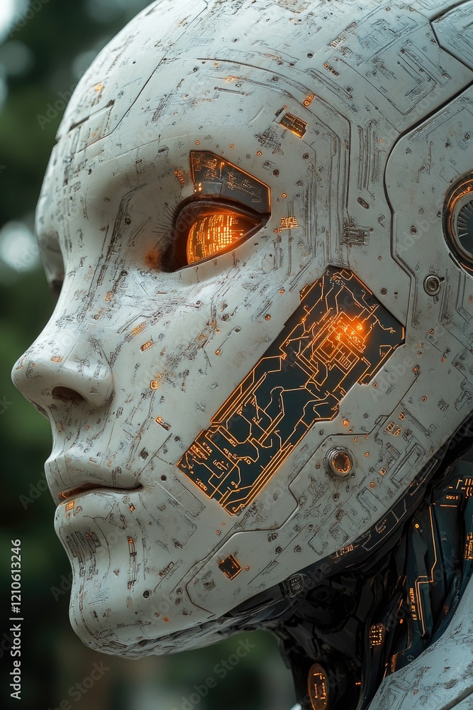 Aufkleber close-up view of a robot's face with illuminated eyes, suitable for futuristic or sci-fi concepts